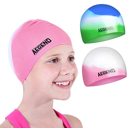 Aegend Kids Swim Cap (Age 2-4), 2 Pack, Pink & Green