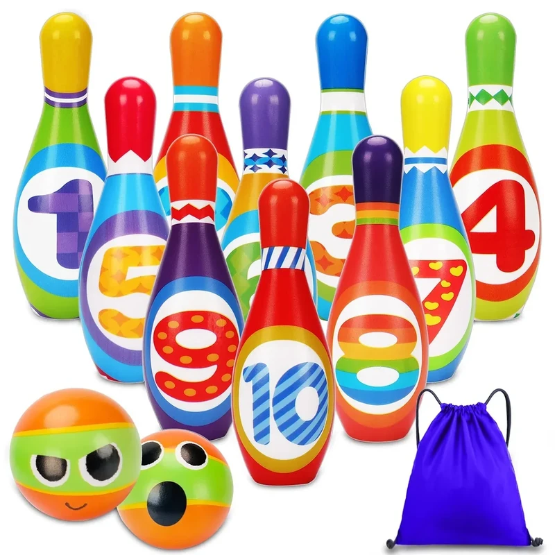 AugToy Kids Bowling Set 2-5 Toddler Indoor Bowling Game Toy for 1 2 3 4 Year Old Boys Girls Soft 10 Colorful Foam Bowling Pins 2 Bowling Ball Developmental Sensory Toddler Age 2-4 3-5 Present