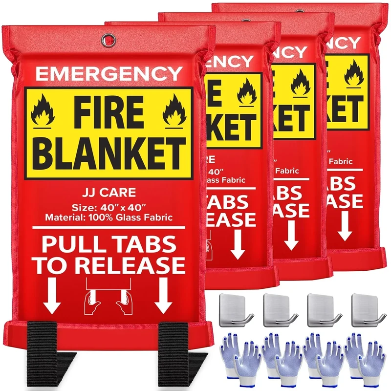 JJ CARE Fire Blanket – 4 Packs with Hooks and Gloves – 40” x 40” Fire Blankets Emergency for Home and Kitchen, High Heat Resistant and Flame Protection for Kitchen, Car, Office, Camping & Home Safety
