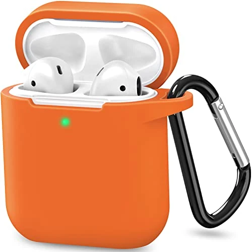 ATUAT Compatible with AirPods Case Cover, Full Protective Soft Silicone Case Accessories with Keychain for Apple AirPods 1st 2nd Generation Charging Case, Front LED Visible, Orange