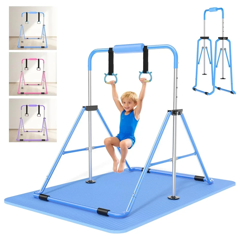 Safly Fun Gymnastics Bar with Mat for Kids 3-9, Foldable & Adjustable 35"-51", Supports 145Lbs with Pad, Easy to Assemble, Gymnastics Equipment for Indoor/Outdoor Training