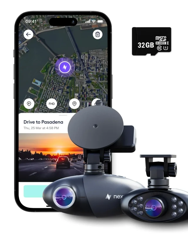 Nexar Pro Dual Dash Cam 1080p FHD Front and Interior Cameras AI Crash Detection 24H Parking Mode Night Vision and Unlimited Cloud Backup Includes 32GB SD Card and 1-Year Nexar App Subscription