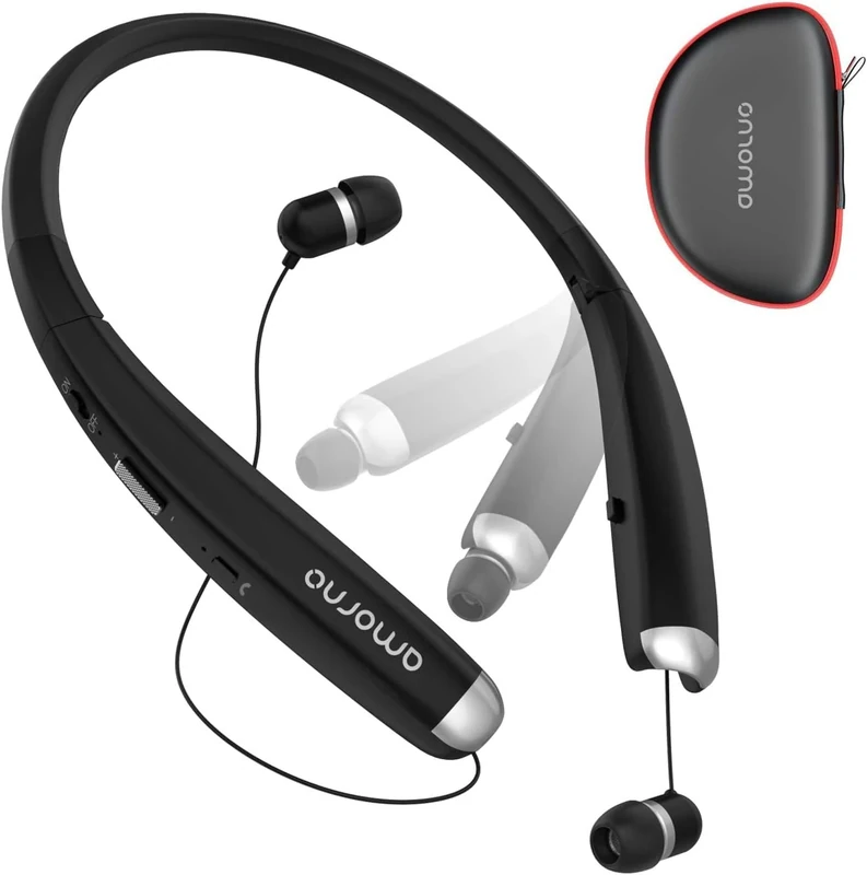 AMORNO Foldable Bluetooth Headphones, Wireless Neckband Sports Headset with Retractable Earbuds, Sweatproof Noise Cancelling Stereo Earphones with Mic