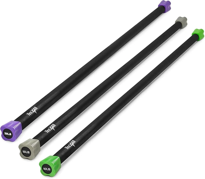 Yes4All Total Body Workout Weighted Pilates Bar, Body Bar For Exercise, Therapy, Aerobics, and Yoga, Strength Training, Set of 10 + 15 + 20lbs