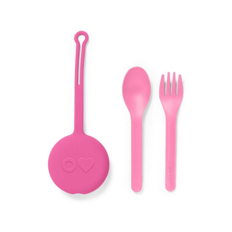 Omie OmieBox Kids Utensils Set with Case - 2 Piece Plastic, Reusable Fork and Spoon Silverware with Pod for Kids (Bubble Pink)