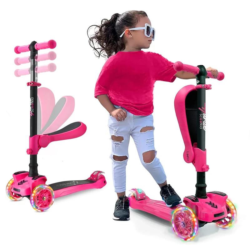 Hurtle 3 Wheeled Scooter for Kids - 2-in-1 Sit/Stand Child Toddlers Toy Kick Scooters w/ Flip-out Seat, Adjustable Height, Wide Deck, Flashing Wheel Lights, For Boys/Girls 1 Year Old+ (Pink)