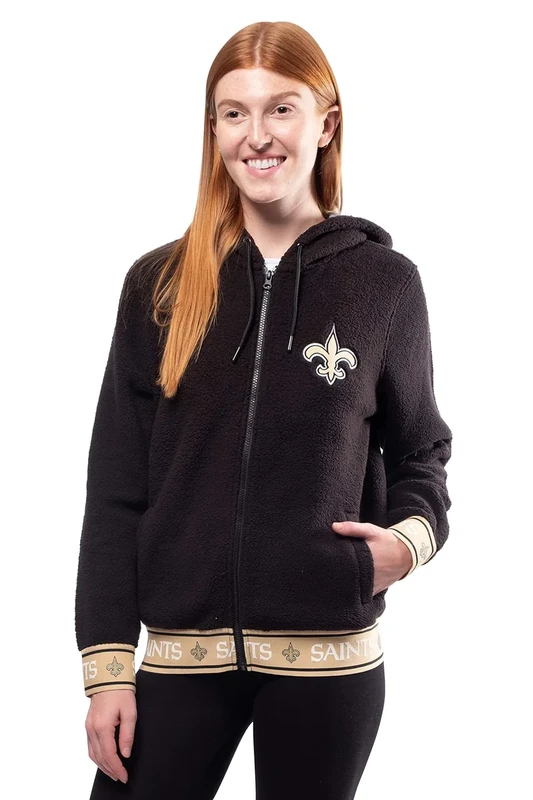Ultra Game NFL Women's Full Zip Soft Sherpa Hoodie Sweatshirt Jacket, New Orleans Saints, Team Color, Medium