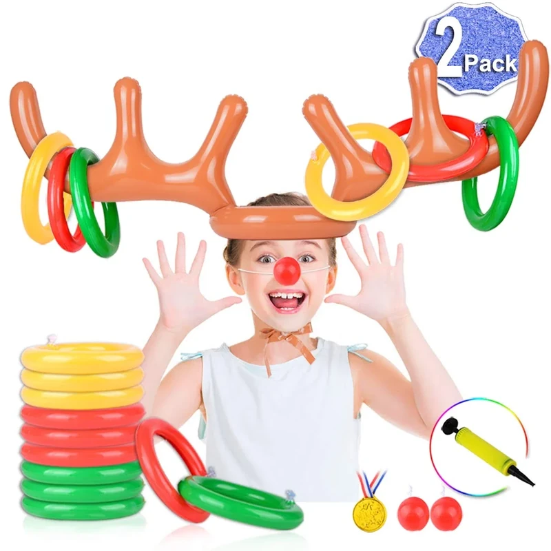 Christmas Games for Family Party, 2 Pack Inflatable Reindeer Antler Ring Toss Game Great Christmas Games for Adults and Kids