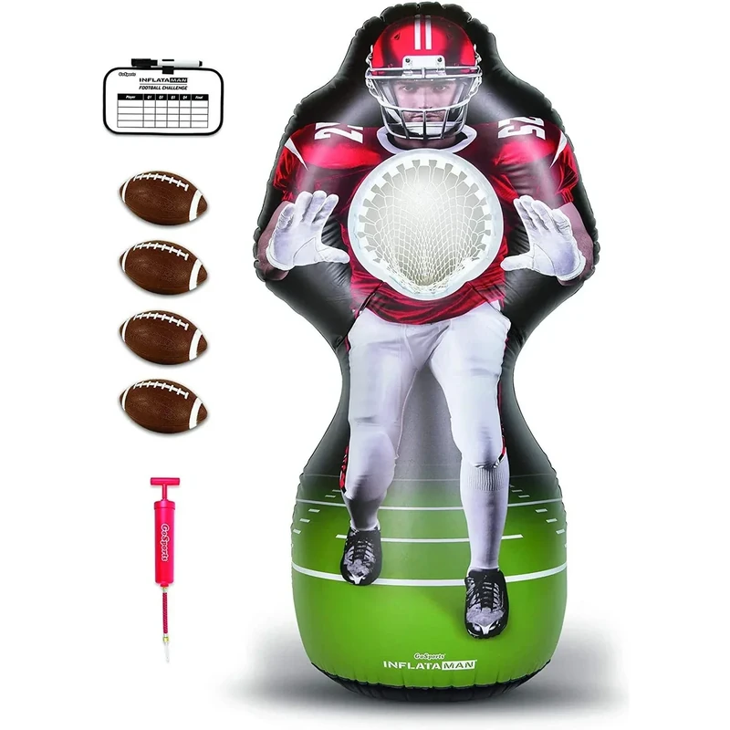 GoSports Inflataman Football Challenge - Includes 4 Rubber Footballs, Ball Pump, and Scoreboard - Inflatable Receiver Touchdown Toss Game