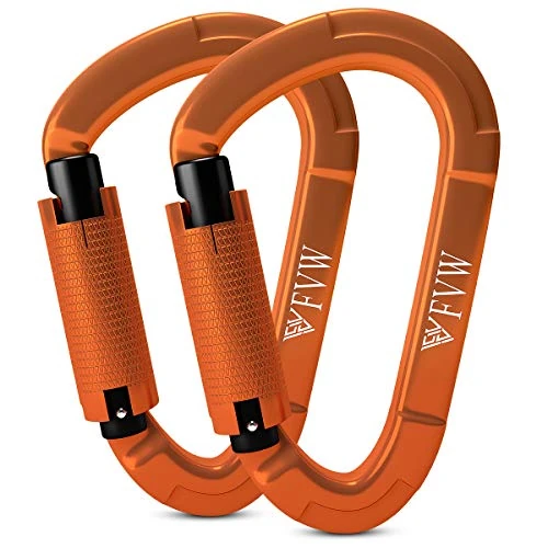 FVW Auto Locking Rock Climbing Carabiner Clips, UIAA Certified Professional 25KN (5620 lbs) Heavy Duty Caribeaners for Rappelling Swing Rescue & Gym etc, Large Carabiners, D-Shaped (Orange), 2Pack