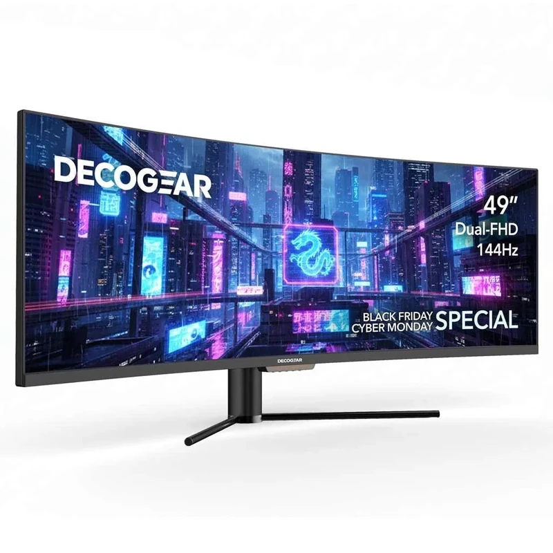 Deco Gear Curved 49” Super Ultrawide Gaming Monitor, 32:9 WDFHD 3840×1080, 144Hz, 3ms, 3000:1 VA, HDR400, Adaptive Sync, USB-C 65W, HDMI/DP, PBP/PIP, KVM, 1800R, American Seller