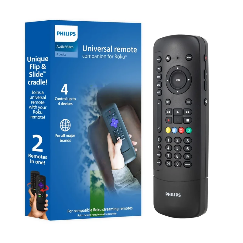 Philips Universal Companion Remote Control for Samsung, Vizio, LG, Sony, Roku, Apple TV, RCA, Panasonic, Smart TVs, Streaming Players, Blu-ray, DVD, 4 Device, Flip & Slide Roku, Black, SRP2024R/27