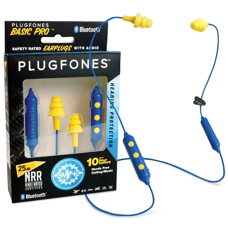 Plugfones Basic Pro Earplug Headphones Wireless Bluetooth in-Ear Earplug Earbuds 25 dB Noise Reduction Rating OSHA Approved Hearing Protection with Noise Isolating Mic and Controls (Blue & Yellow)