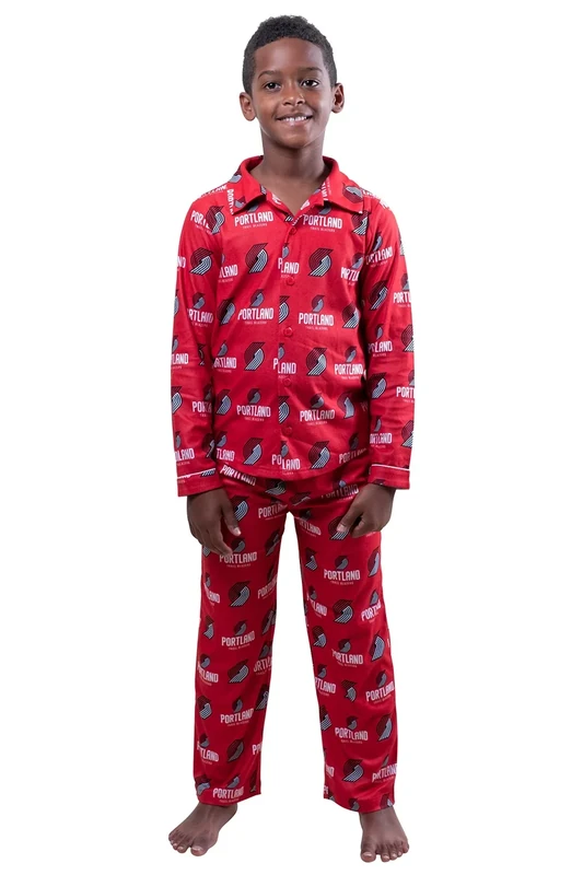 Ultra Game NBA Official Youth 2-Piece Super Soft Button Down Pajamas Set, Portland Trail Blazers, Boys Sizes, 8