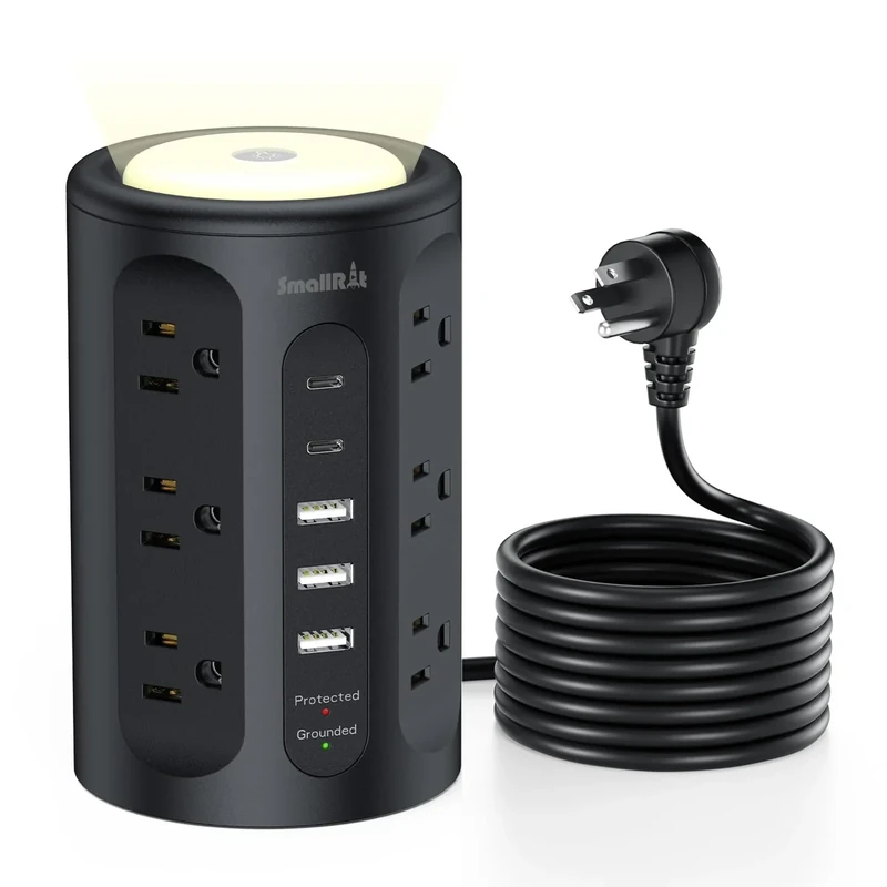 Surge Protector Power Strip Tower with 5 USB Ports and Night Light,10FT Extension Cord with 12 AC