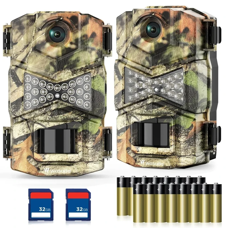 WOSODA 2 Pack Trail Camera with Night Vision Motion Activated Waterproof,30MP Game Camera,1080P HD Trail Cam with SD Card for Wildlife Monitoring,Outdoor Scouting & Security