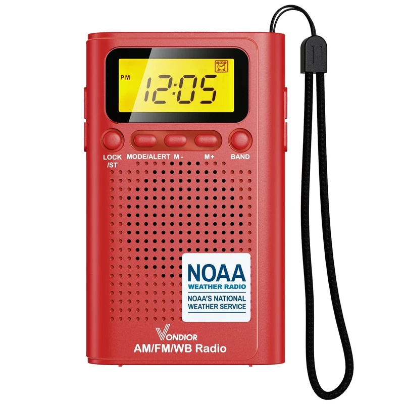 Vondior Portable NOAA Weather Radio, Battery Operated Emergency NOAA/AM/FM Radio with Best Reception, Pocket Weather Alert Radio with Headphone Jack, Gifts for Lover, Parents and Friends (Red)