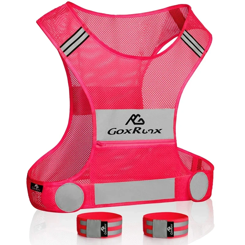 Reflective Vest Running Gear, Lightweight Motorcycle Cycling Reflective Vests with Large Pocket & Adjustable Waist for Women Men Running Safety Vest with Reflective Bands (Pink, Medium)