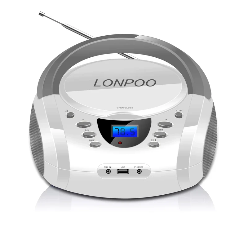 LONPOO CD Players Portable Boombox with FM Radio/USB/Bluetooth/AUX Input and Earphone Jack Output, Stereo Sound Speaker & Audio Player,White