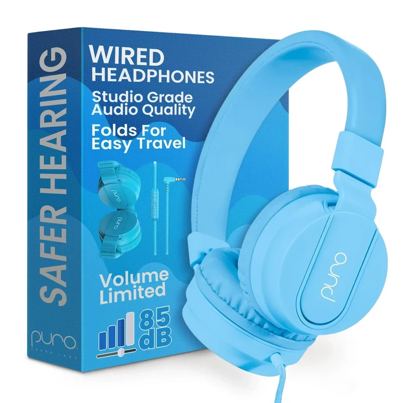 Puro Sound Labs PuroBasic Wired Headphones for Kids - Volume-Limiting & Adjustable with Microphone – Compatible with Smartphones, Tablets, PCs, and More – Safe, Durable Headphones for Kids – Blue