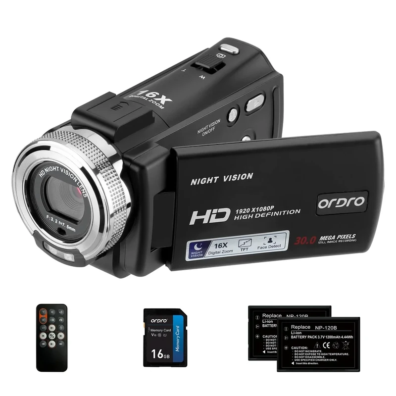 ORDRO Camcorders HDV-V12 HD 1080P Video Camera Recorder Infrared Night Vision Camera Camcorders with 16G Memory Card and 2 Batteries