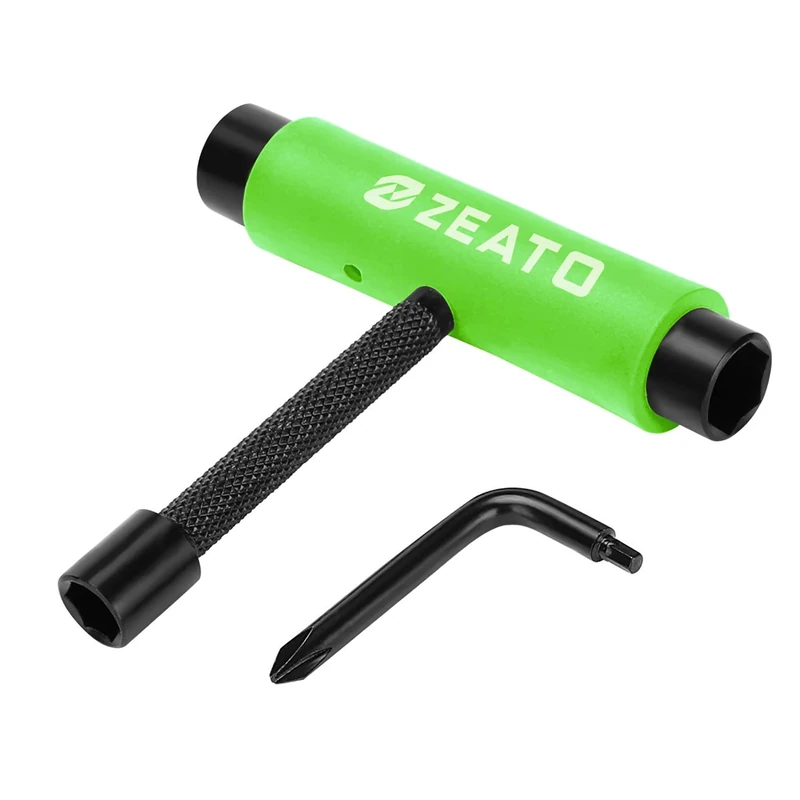 Zeato [Upgrade Version] All-In-One Skate Tools Multi-function Portable Skateboard T Tool Accessory with T-type Allen Key and L-type Phillips Head Wrench Screwdriver - Green