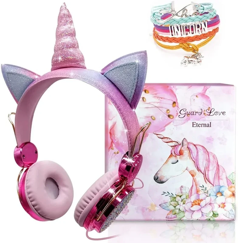 TCJJ Unicorn Kids Headphones for Girls Children Teens, Wired Headphones for Kids with Adjustable Headband, 3.5mm Jack and Over On Ear Headset w/Mic for School Birthday Xmas Unicorn Gift