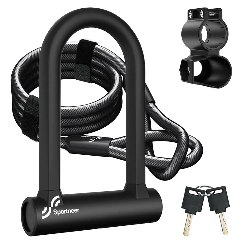 Sportneer Bike Lock: Heavy Duty Anti Theft Bike U Lock with 5ft Security Steel Cable - 17mm Shackle Bicycle U-Locks with 2 Keys & Mounting Bracket for Road Mountain Bike, Size 7.76''x5.02'', 1.64lb