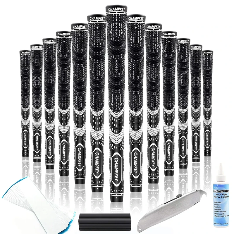 CHAMPKEY Premium Hybrid Golf Grips 13 Pack with All Repair Kits - All Weather Performance Golf Club Grips - High Traction and Control Half Corded Golf Grips for Men(Black,Midsize)