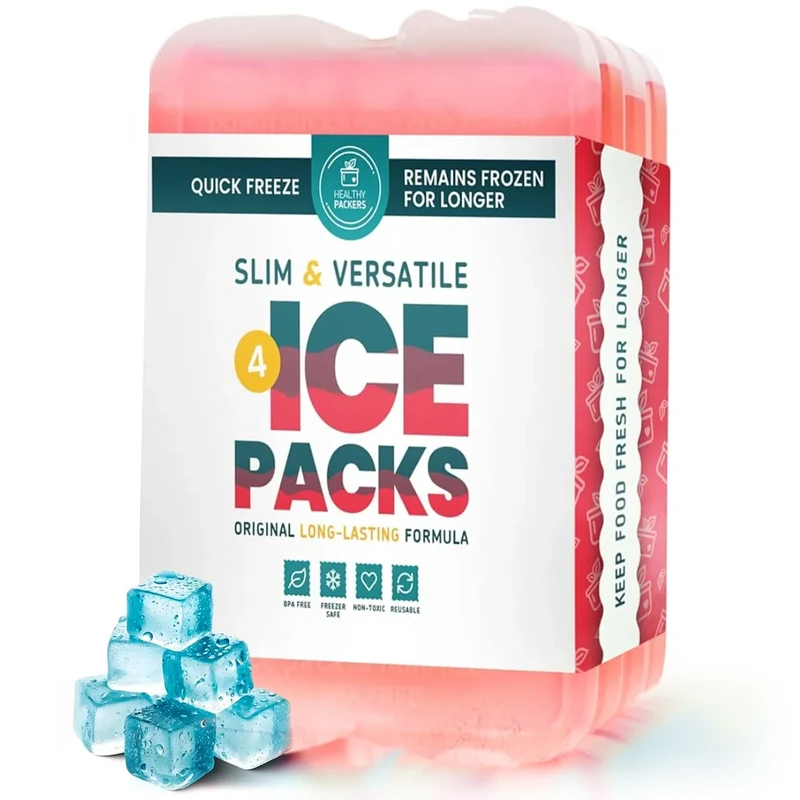 Healthy Packers Reusable Ice Packs for Lunch Bags and Coolers (Set of 4) - Slim & Long Lasting Freezer Packs for Lunch Box - Ideal Cool Pack for Lunchbox, Cooler, Cooler Bag (Red)