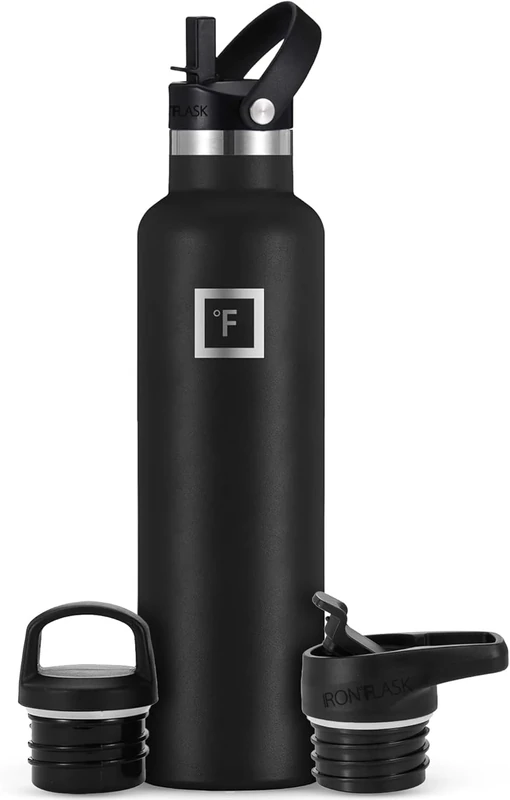 IRON °FLASK Camping & Hiking Hydration Flask with Straw, BPA-Free Insulated Stainless Steel Sports Water Bottle - 24 oz Midnight Black