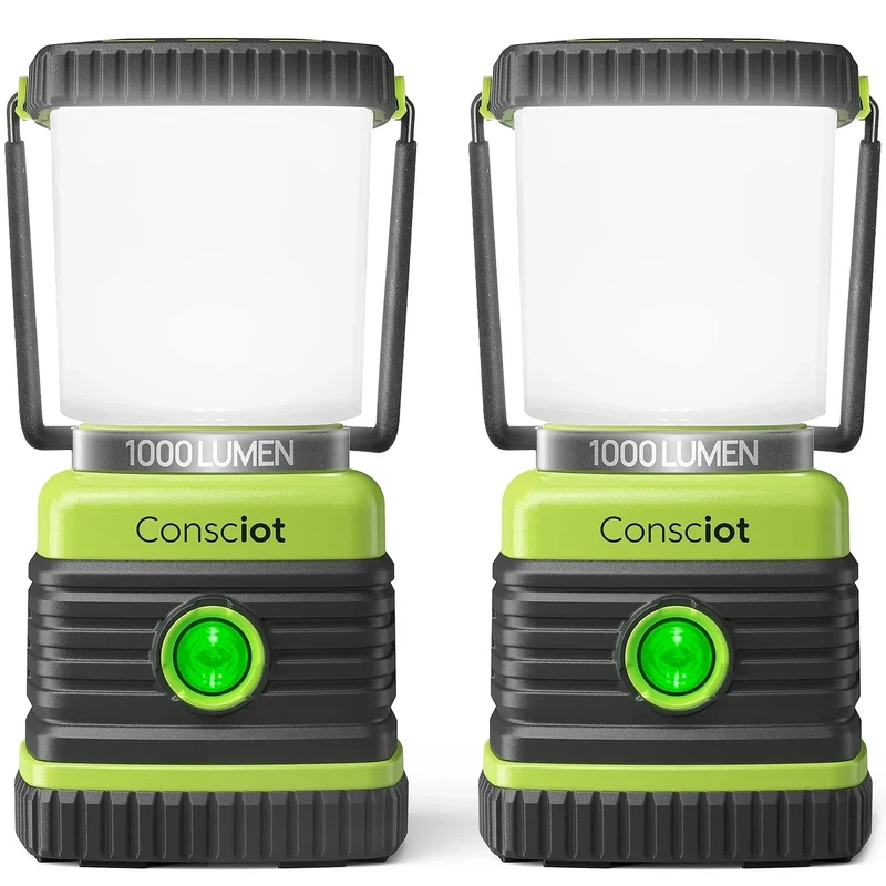 Consciot LED Battery Powered Camping Lantern, 1000LM, 4 Light Modes, IPX4 Waterproof Portable Tent Flashlight for Power Outages, Emergency, Hurricane, Hiking, Light Green, 2-Pack