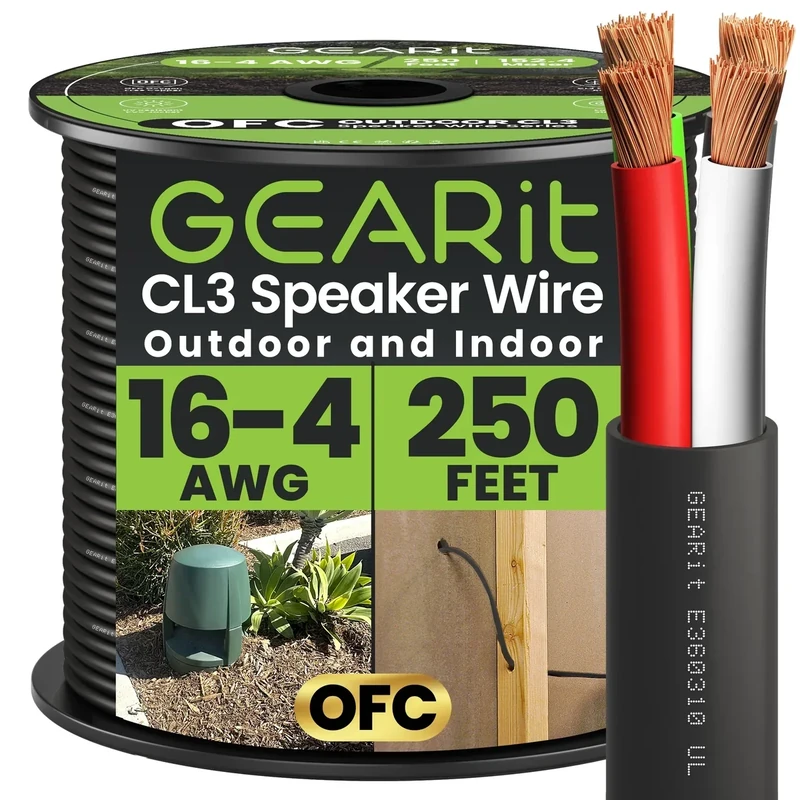 GEARit Outdoor Speaker Wire CL3 Rated, 16 Gauge Speaker Wire, Speaker Cable 250 ft for Outdoor Speakers, Patio, Garden, Backyard Audio, Direct Burial in Ground/in Wall, OFC (Black, 4-Conductors)