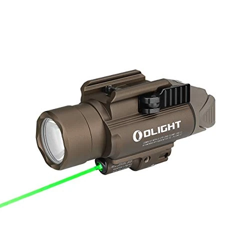 OLIGHT Baldr Pro 1350 Lumens Tactical Weaponlight with Green Light and White LED, 260 Meters Beam Distance Compatible with 1913 or GL Rail, Batteries Included(Desert Tan)