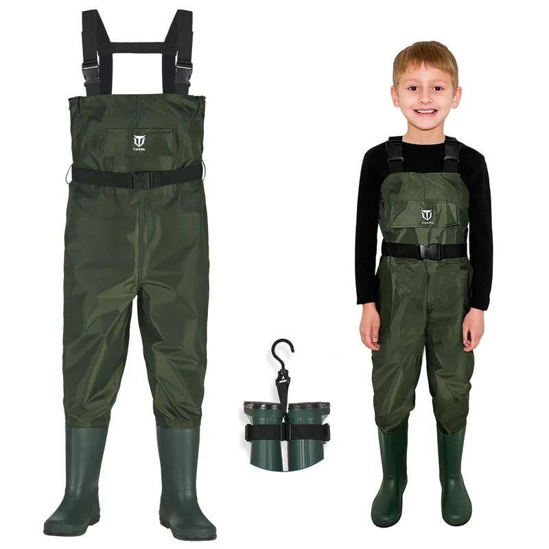 TIDEWE Chest Waders for Kids, Waterproof Youth Waders with Boot Hanger, Lightweight PVC Kids Chest Waders with Boot for Fishing & Hunting (Size 12/13 Big Kid)