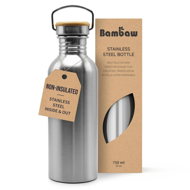 Bambaw Stainless Steel Single Wall Water Bottle, 24 oz, 750 ml, Reusable, Leakproof, Dishwasher Safe, BPA Free, Ideal for Travelling, Hiking, Yoga