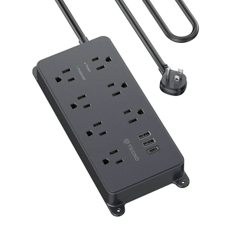 TROND Power Strip Surge Protector 10ft, ETL Listed, Flat Plug Extension Cord with 2 USB-A & 2 USB-C, Wall Mountable, 7 Widely-Spaced Outlets, 1700J, for Home Office Garage, Black