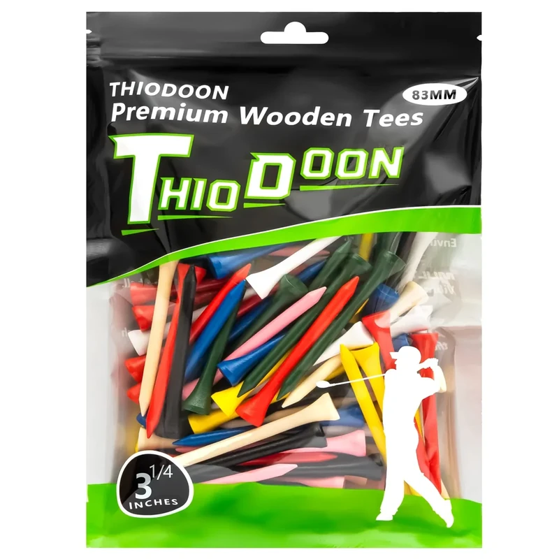THIODOON Professional Natural Wood Golf Tees - Pack of 100, Multiple Colors & Sizes (3-1/4", "2-3/4", "2-1/8 inch), Tall Tees Reduce Side Spin & Friction