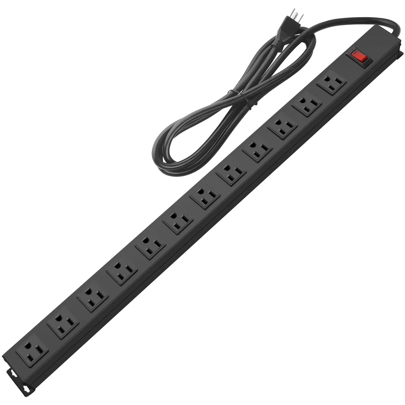 HHSOET Metal Mount Power Strip - 12 Wide Outlets 6ft Cord 15A Switch