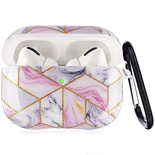 Airpods Pro Case - YOMPLOW Marble Protective Hard Case Cover Skin Portable & Shockproof Women Girls with Keychain for Apple Airpods Pro Charging Case - Pink/Gray Marble