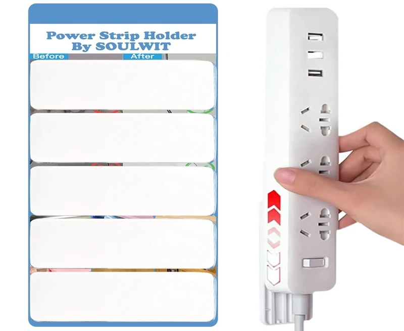 SOULWIT 5-Pack Self Adhesive Power Strip Holder, Surge Protector Fixator Wall Mount Punch Free Cable Management System for Remote Control Router Computer Kitchen Home and Office