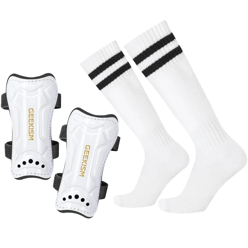 Geekism Soccer Shin Guards for Youth Kids Toddler, Protective Soccer Shin Pads & Socks Equipment - Football Gear for 3 5 4-6 7-9 10-12 Years Old Children Teens Boys Girls (White, Large)