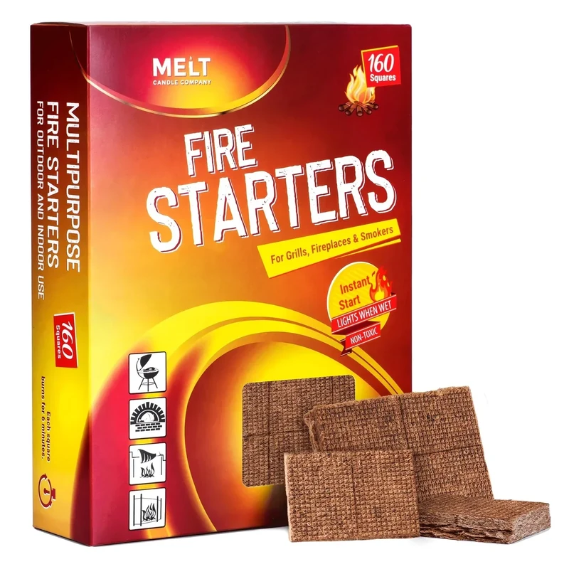 Fire Starter Squares, 160 pcs - Charcoal Fire Starters for Campfires, Grill, Outdoor Pit, Fireplace, Wood Stove, BBQ - Firestarter Sticks, Water Resistant & Odorless - Camping Accessories Essentials