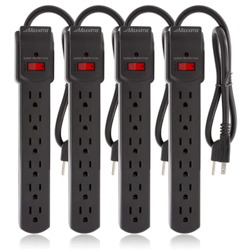 Maxxima 4-Pack 6 Outlet Power Strip Surge Protector - 300 Joules, Features Red On/Off Switch, Powers Multiple Electronics and Devices Simultaneously, Perfect for Home Appliances - Black