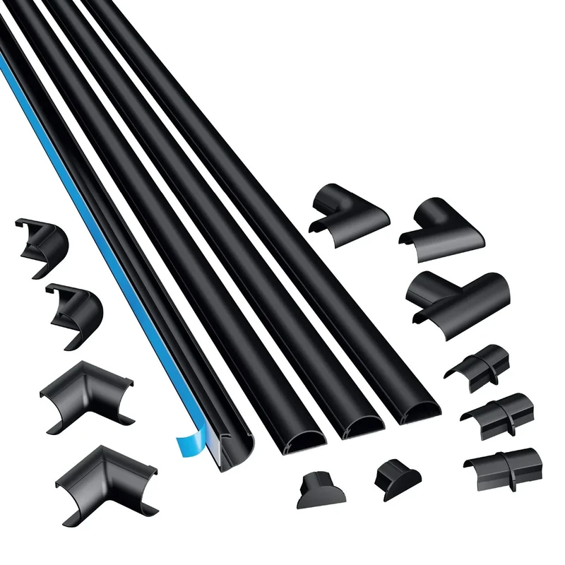 D-Line 13.12ft Cord Hider Kit, Patented Cable Cover, Hide Wires on Wall, Channel for TV Mount Cords, Raceway Wire Hiders, Paintable, Adhesive, Half Round, 4X 0.78in W x 0.39in H x 39in Lengths, Black