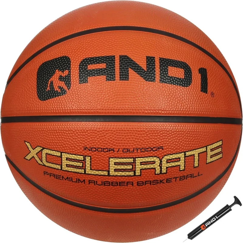 AND1 Xcelerate Rubber Basketball: Official Regulation Size 7 (29.5”) Streetball, Made for Indoor/Outdoor Games (Basketball w/Pump, Orange Classic)