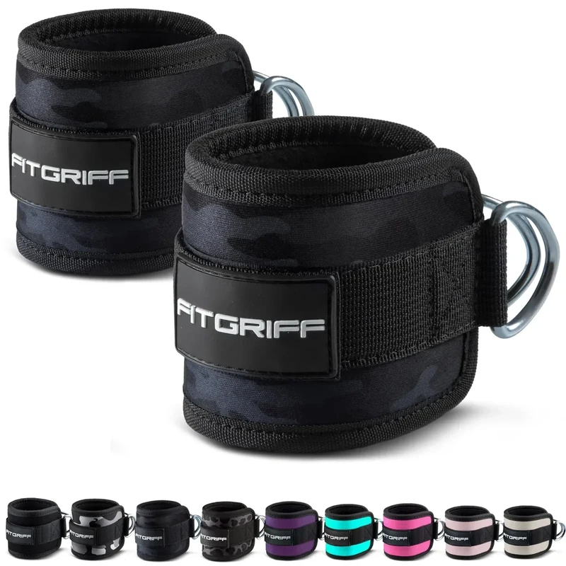 Fitgriff® Ankle Straps V1 for Cable Machine (2 Pieces) - Gym Workout Equipment - Leg Pulley Attachment, Kickback Straps (Camo-Black)
