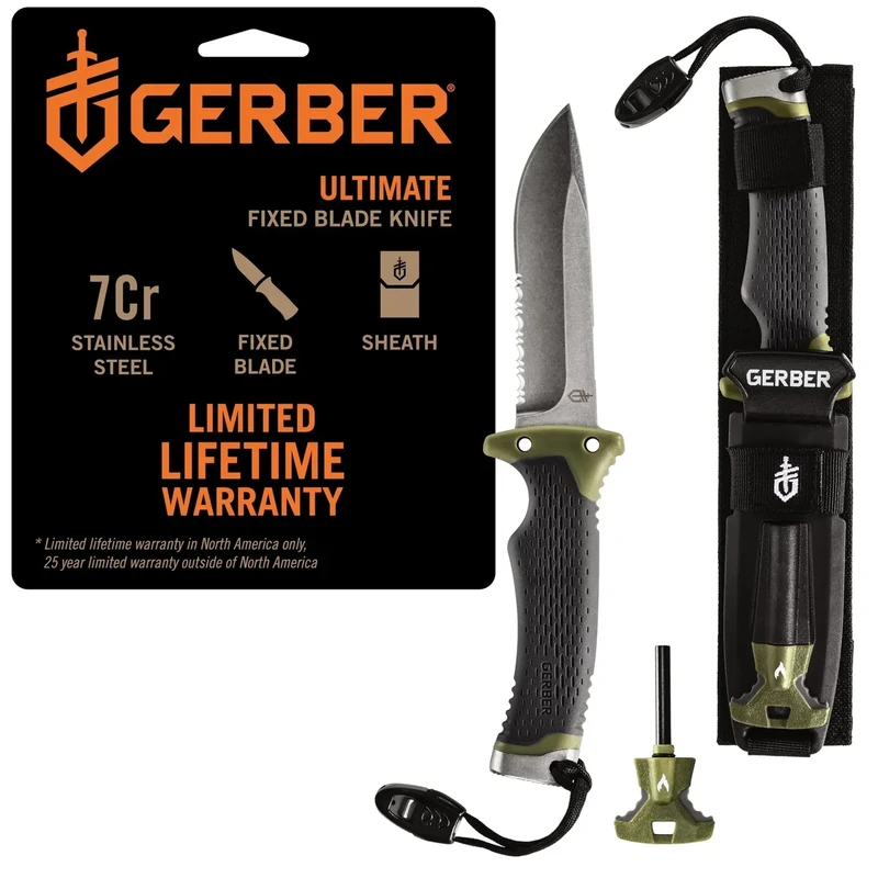 Gerber Gear Ultimate Survival Knife, Fixed Blade Knife with Combo Edge, includes Fire Starter Edge and Ferro Rod, Whistle, Sheath with Integrated Sharpener - Bushcraft, Hunting and Camping Tool