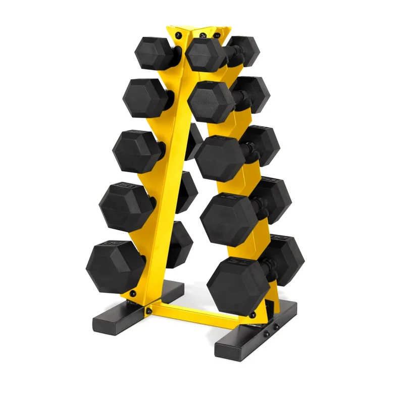 CAP Barbell 150 LB Black Handle Coated Hex Dumbbell Set with Vertical Yellow Rack