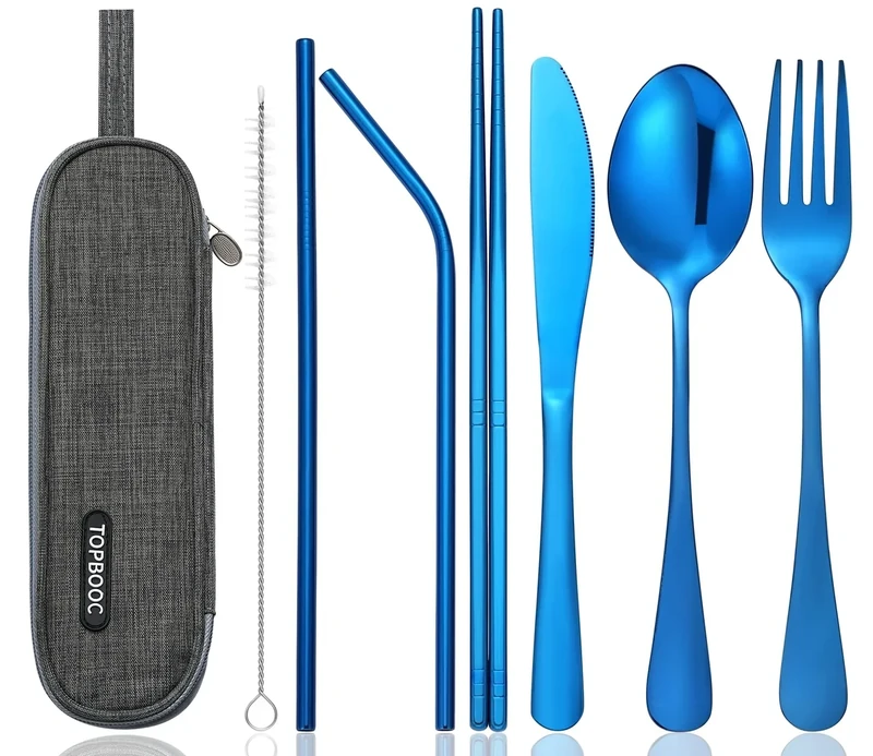 Portable Stainless Steel Flatware Set, Travel Camping Cutlery Set, Portable Utensil Travel Silverware Dinnerware Set with a Waterproof Case (Blue)